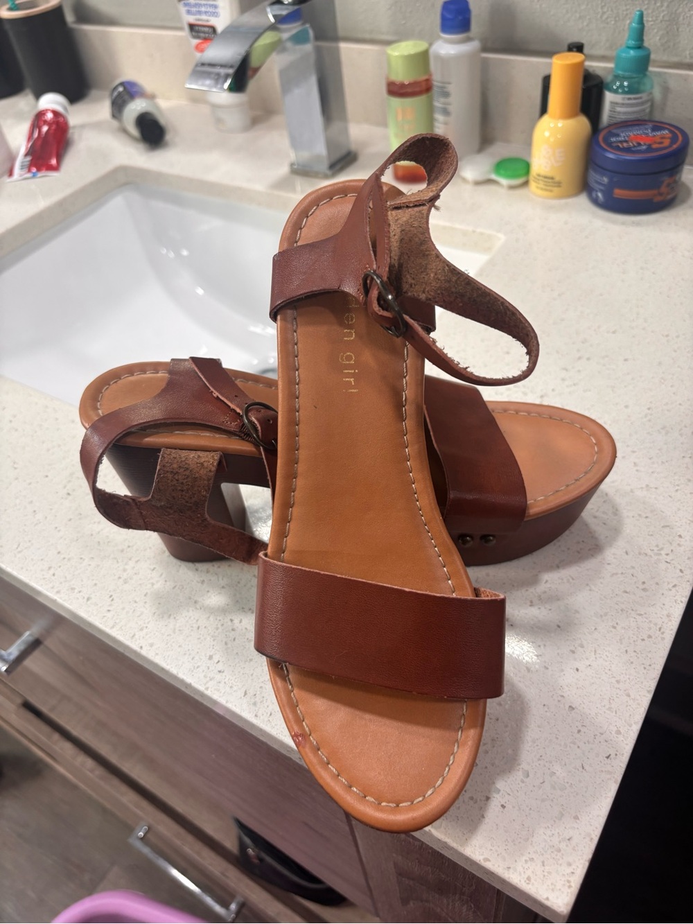 Madden Girl Brown Leather Platform Wedge Sandals